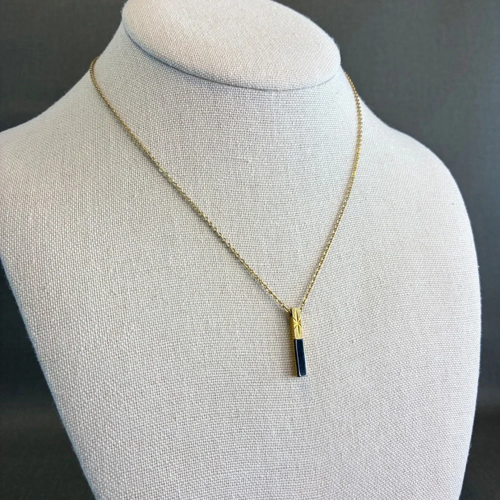 Vintage Gold Tone Necklace Black Bar Starburst Etched Pendant Mid Century Dainty